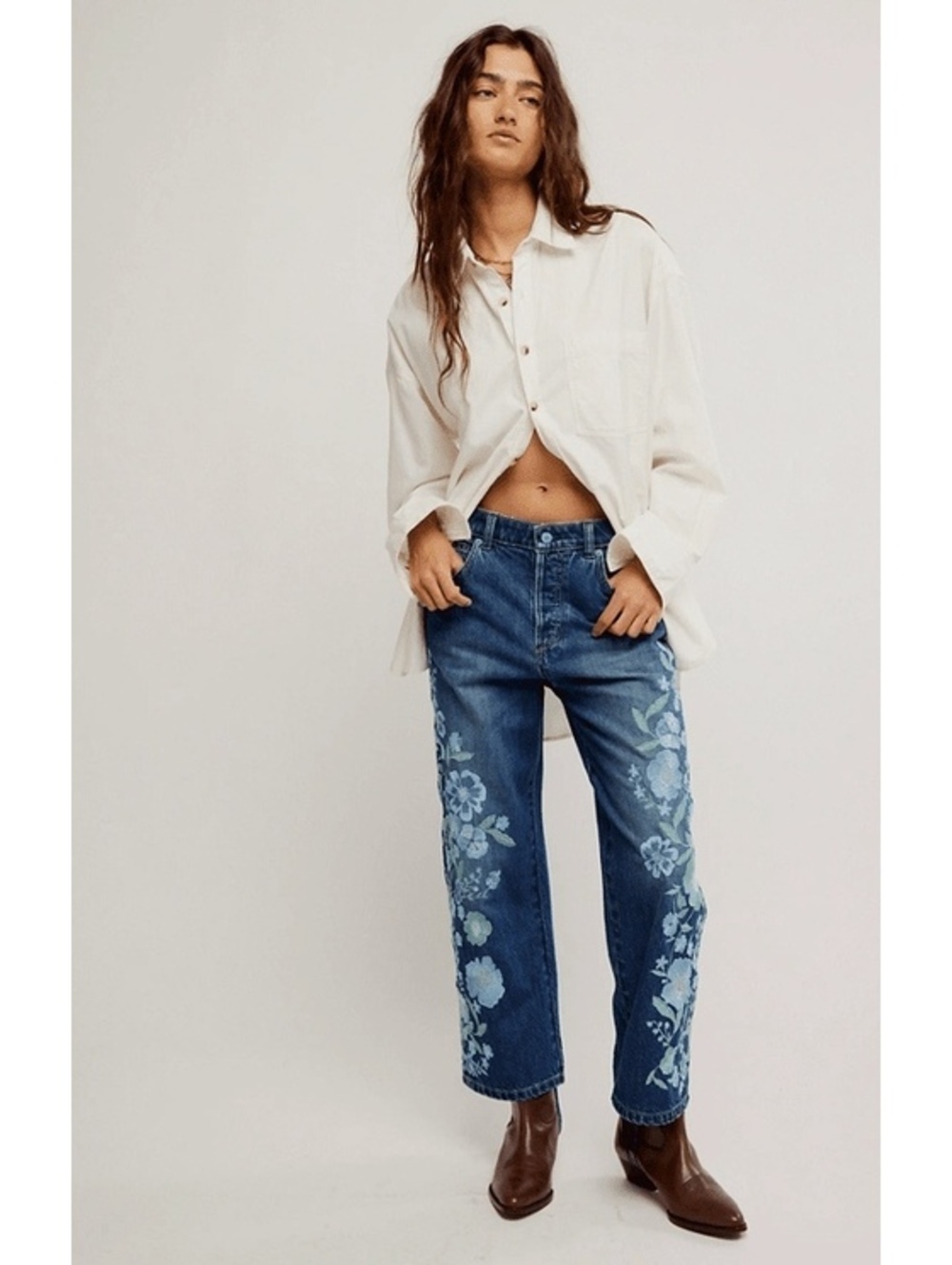 Free People We The Free Willow Floral Embroidered Jeans NWT 28